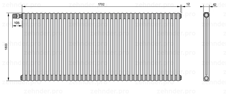 Схема (чертеж) Радиатор Zehnder Charleston 2180/37 №V011 Белый глянцевый RAL 9016